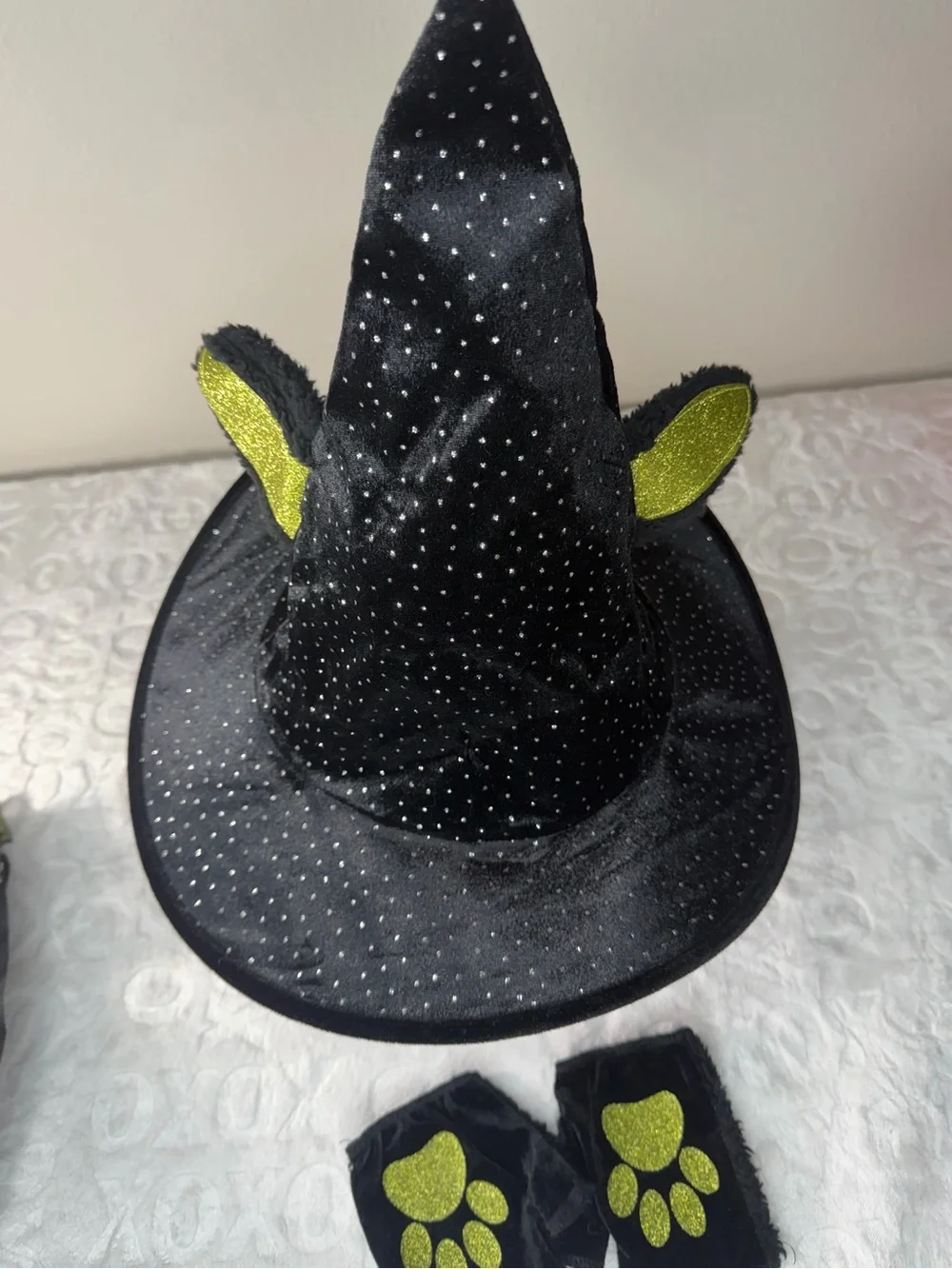 Black Cat Paw-Print Kids Halloween Costume Dress with Lime Bow Accent